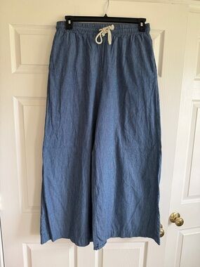 Light Blue Wide Leg Drawstring Linen-Wide Pants